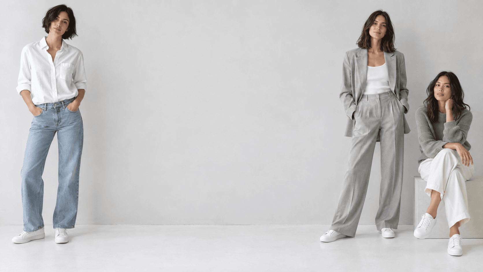 Original Workfraw campaign models in white cotton, washed denim, gray tailoring and sage knitwear